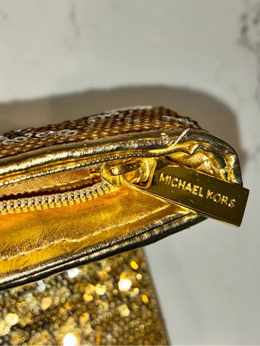 Michael Kors Gold Sequin Sparkle Party Wristlet Clutch Evening Bag with Strap